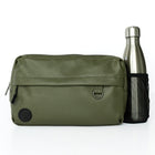 The Pack in Olive with a stainless steel bottle in its extended mesh bottle holder on a white background