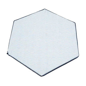 Pop 'N Go® Playpen Mattress with Whimsical Waves cover, hexagon shape with white and light blue wave pattern and navy trim, top view