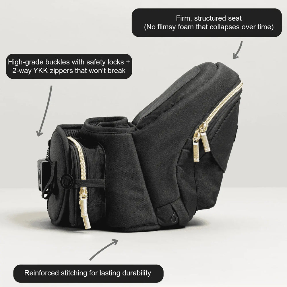 Close-up of the Tushbaby hip seat carrier construction details