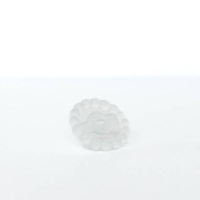 Side view of a Clear Orthodontic Pacifier with a beaded teether ring on a white background