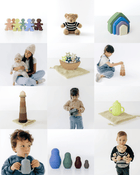 Collage of toddlers and seasonal toys featured in the Toddler Quarterly Subscription Box, including stacking toys, nesting dolls, a straw cup, and teddy bear