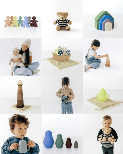 Collage of toddlers and seasonal toys featured in the Toddler Quarterly Subscription Box, including stacking toys, nesting dolls, a straw cup, and teddy bear