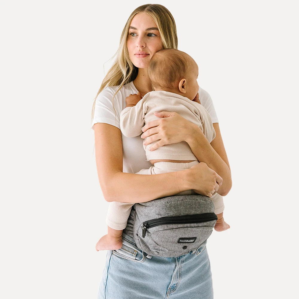 Women holding baby using tushbaby gray ::[15109665390658]